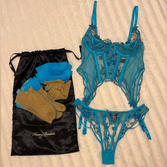 Honey Birdette “Sabrina” Turquoise Lingerie Set! Bustier, Panties & Stockings! - Picture 2 of 16